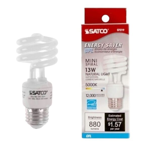Satco S7218 13W T2 Ultra Mini Spiral Light Bulb Screw-In 4100K Fluoresce… - Picture 1 of 5